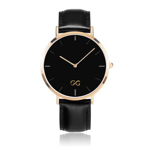GG Black Leather Band Gold Stainless Steel Watch